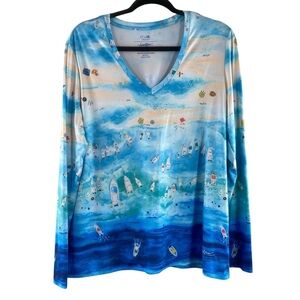 Art & Sol Amber Moran Blue Coastal Beach Boats Scene Top Blouse‎ Sz Large